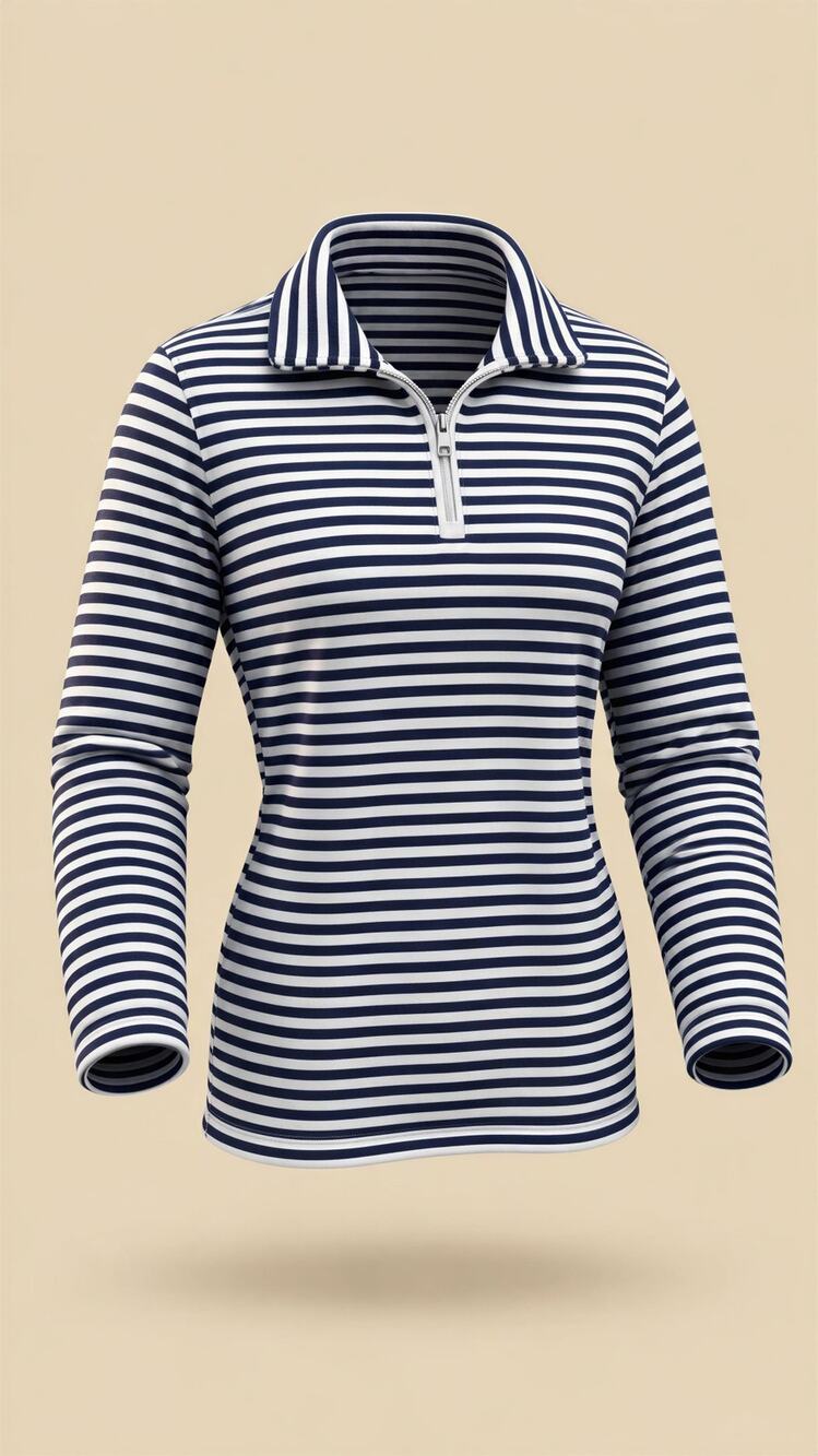 LOHLA Sport Womens Pullover Top Medium Navy White Striped 1/4 Zip Mock Neck